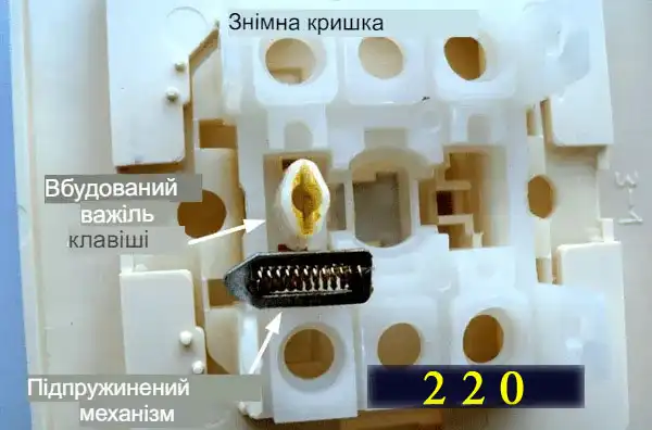 Підпружинений механізм перемикання контакту, витягнутий з кришки