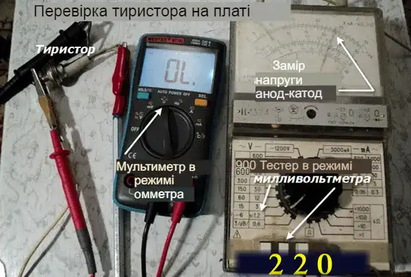 Перевірка тиристора без випаювання: омметр на керуючий електрод та анод, вольтметр на анод-катод